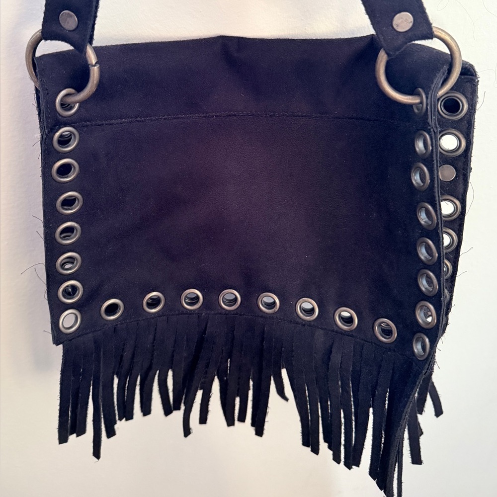 Hand Crafted Black Suede Fringe Crossbody Bag with Grommet Detail